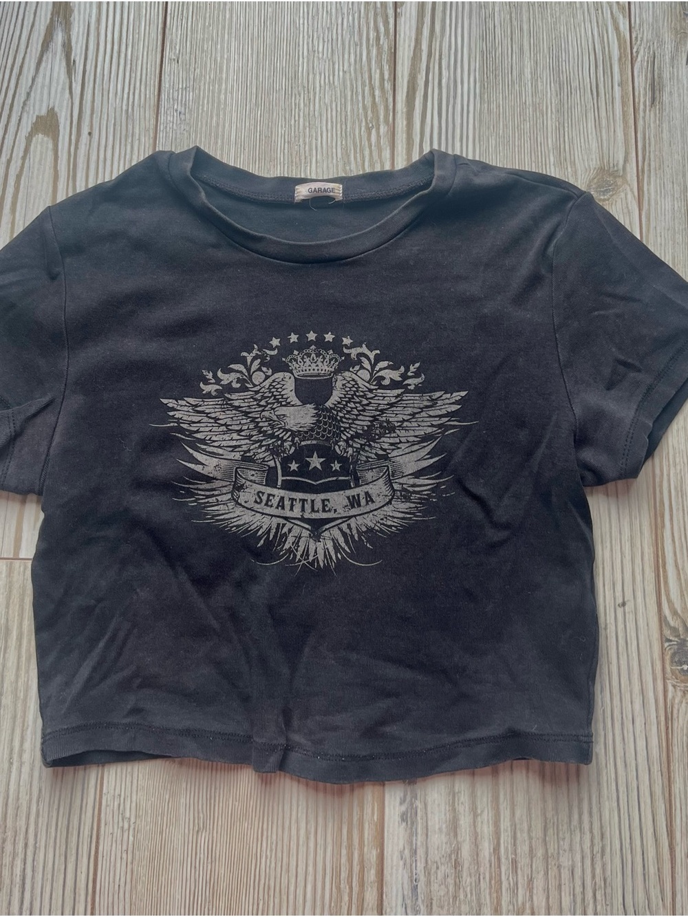 Garage Black Crop Tee with Silver Crest Graphic